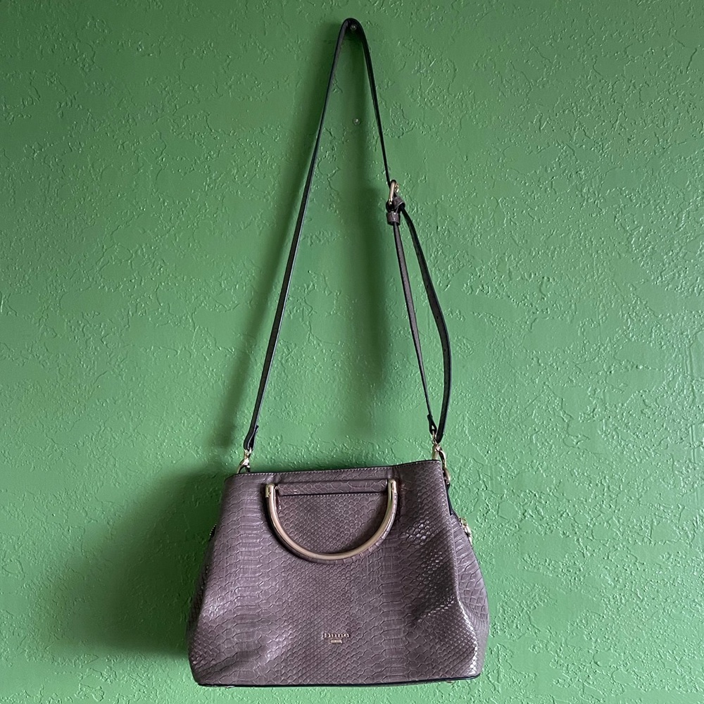 Dune London Dandelion Crossbody Satchel Gray Snakeskin Gold Semi Circle Taupe